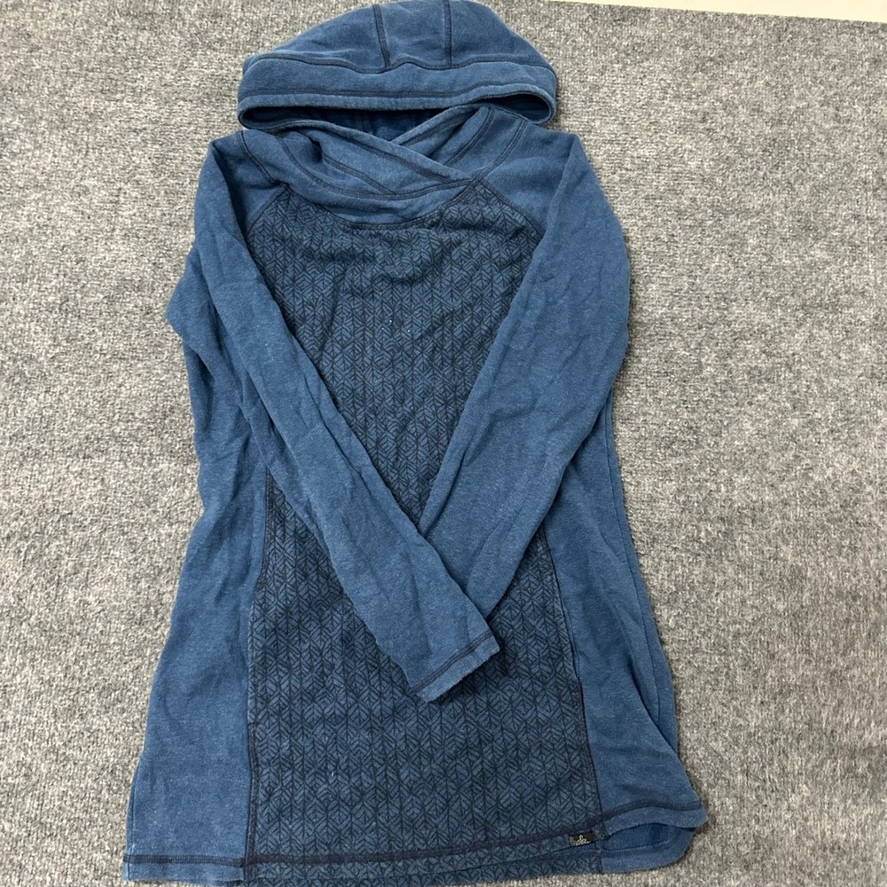 Prana Hoodie Womens Size M Blue Organic Cotton Patterned Tunic Cowl Neck - Picture 1 of 6